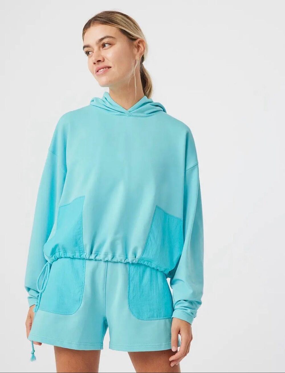 Outdoor Voices BeachTree Cotton Hoodie Capri Blue Cropped Pullover NWT XS